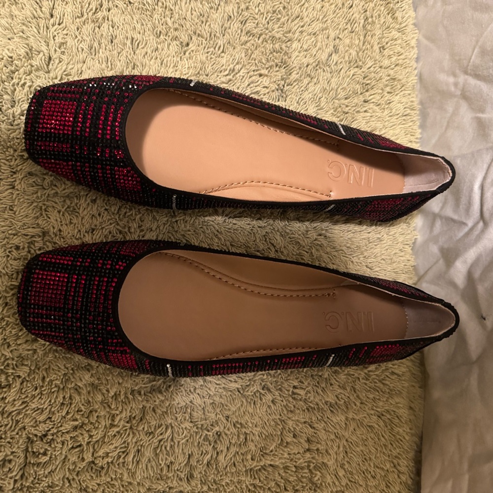 INC International Concepts Black and Red Plaid Square-Toe Embellished Flats